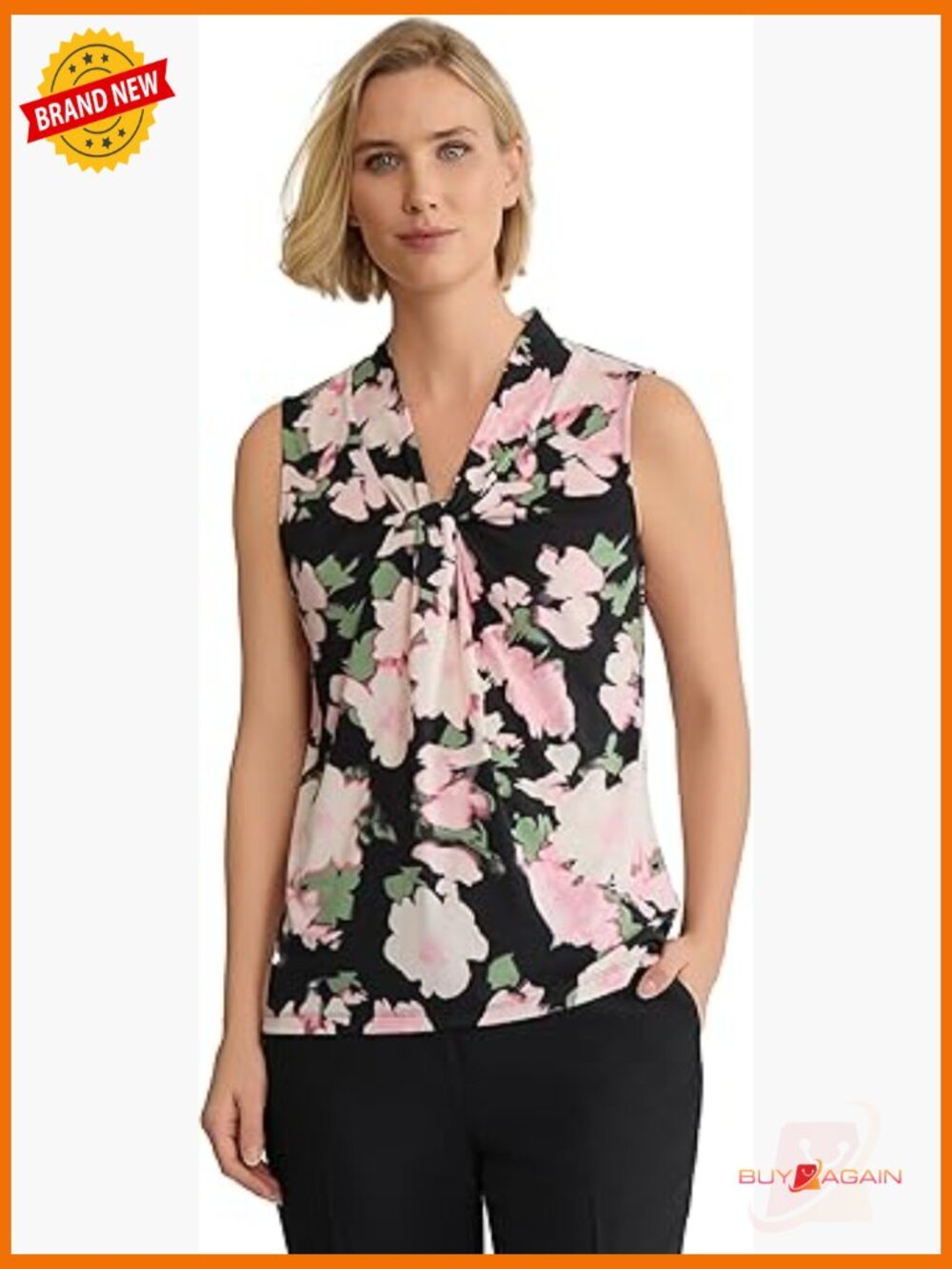 Sleeveless Printed Knot-Front Top, V-Neck, Floral Pattern, Work To Night